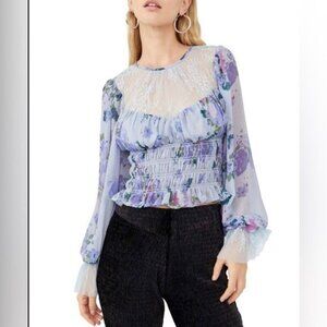 NEW Free People Daphane Blue Floral Print and Llace Top Size Small